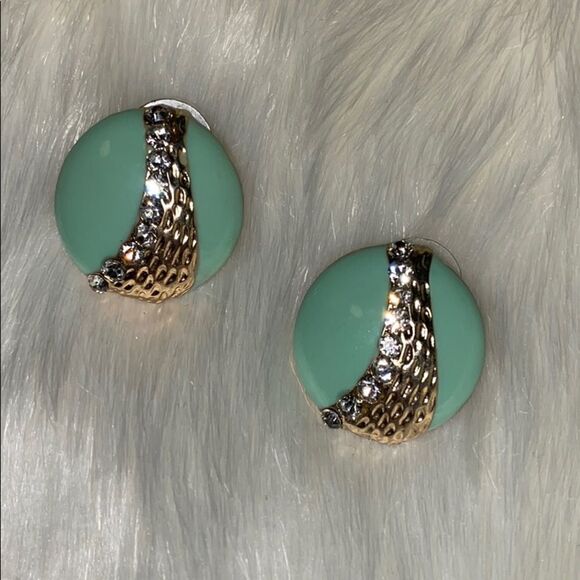 Mint Green Gold with Faux Paved Diamond Round Enamel Earrings with Post Backs - Picture 3 of 6